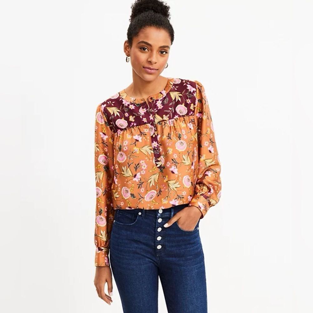 NWT Ann Taylor LOFT Mixed Print Henley Blouse  Size XS